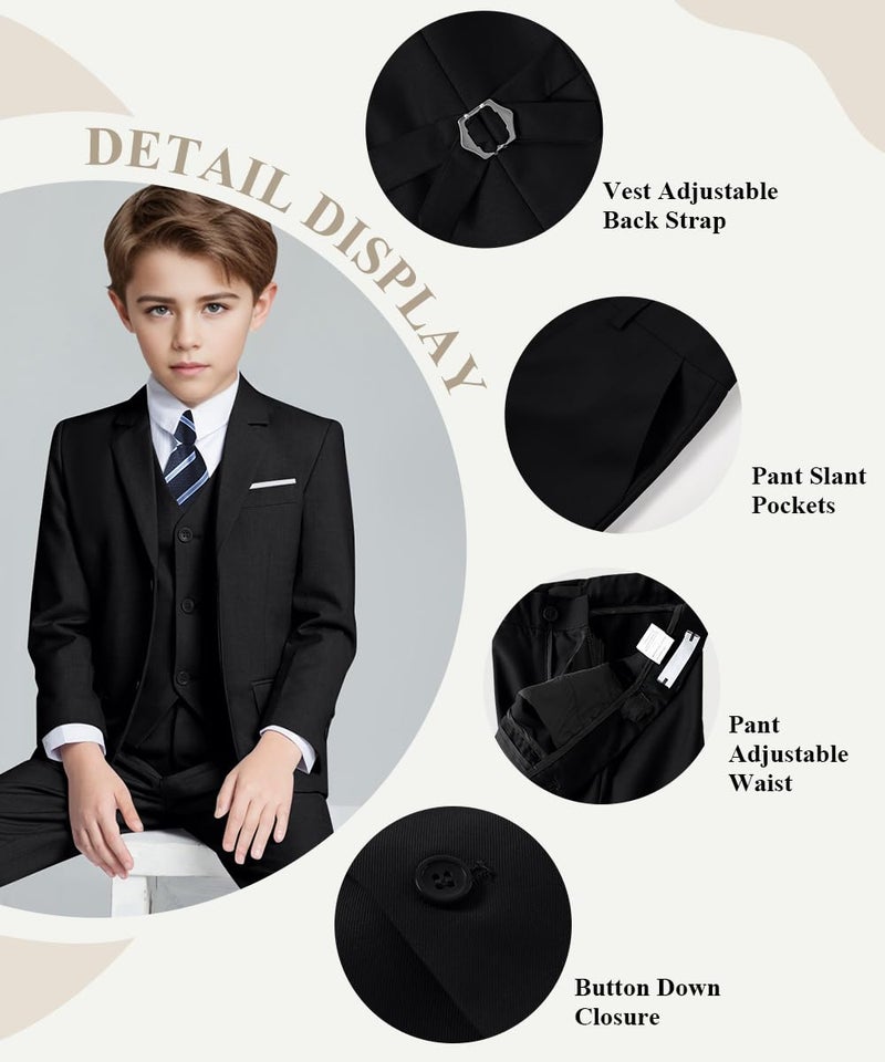 Visaccy Suit for Boys Kids Suits Slim Fit Tuxedo Blazer Vest Pants Shirt and Tie Black Size 6 - Image 2